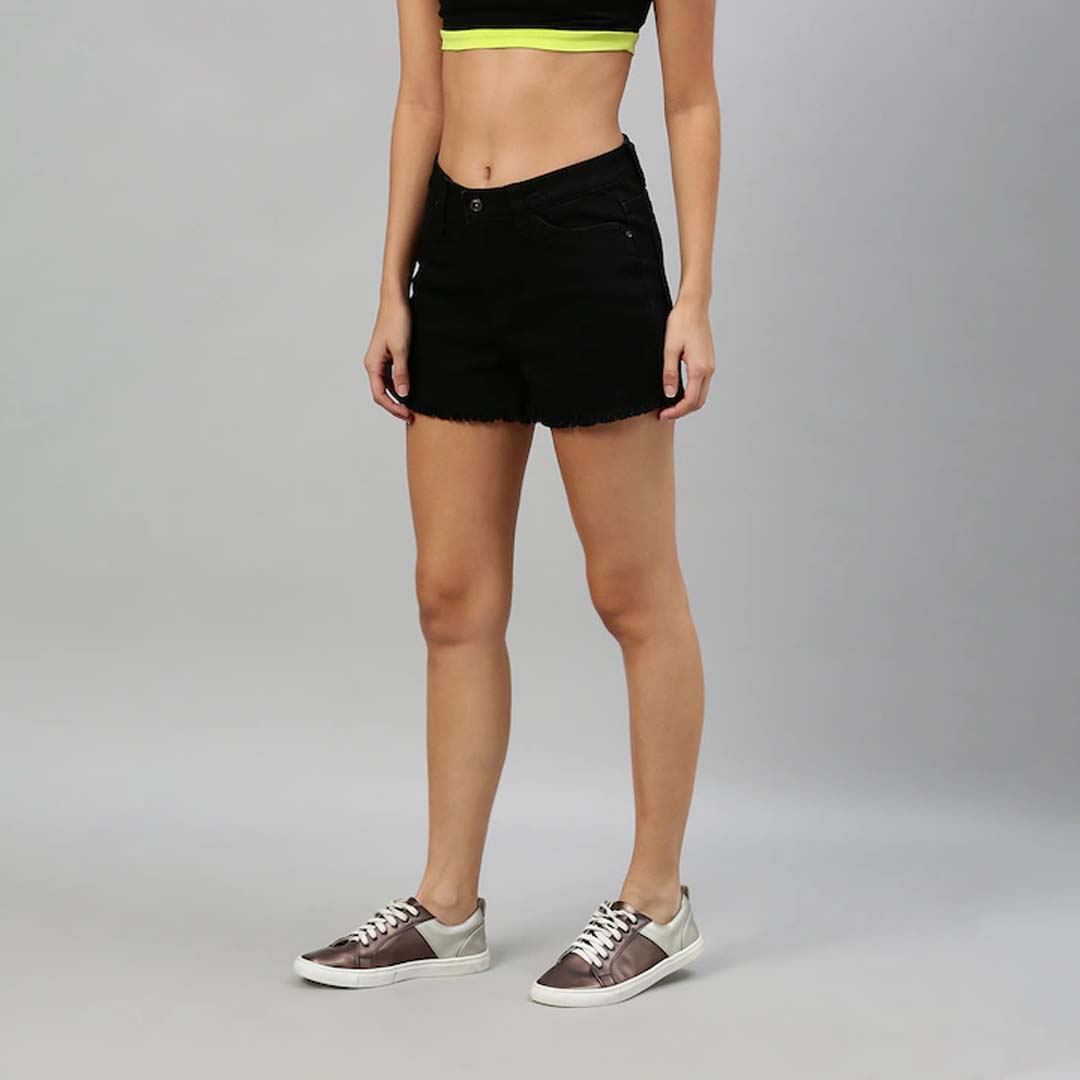 Women's Black Solid Denim Shorts